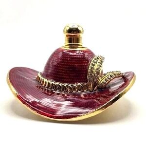 Red Hat Perfume Bottle Metal Enamel Rhinestone Gold Tone Dresser Decor